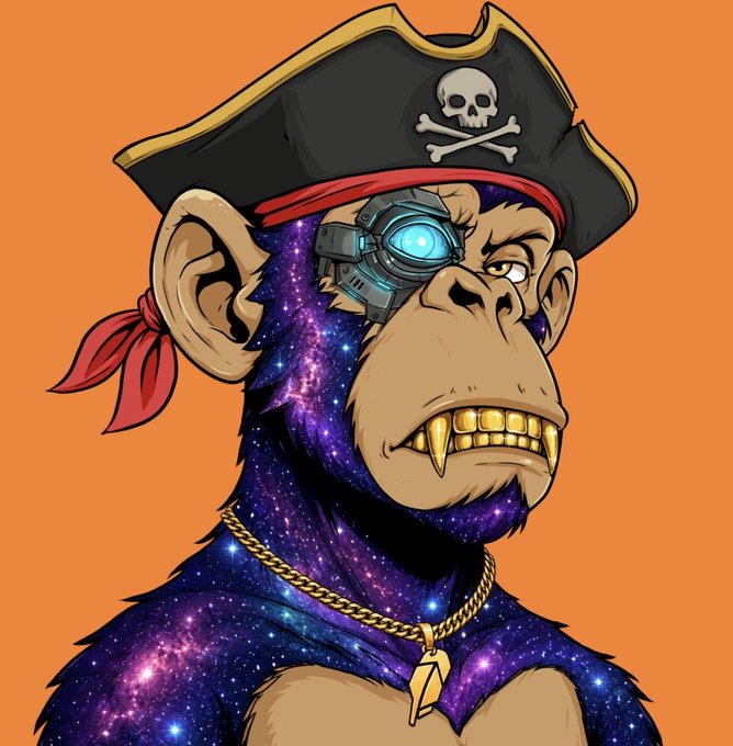 A digital illustration of a pirate monkey with gold teeth, a black pirate hat, a red bandana, and a galaxy-patterned fur, set against an orange background.