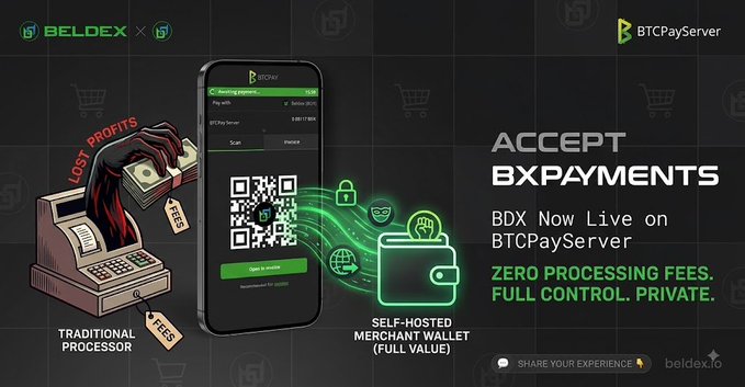 A promotional graphic announcing 'BELDEX' is now live on BTCPayServer, highlighting features like 'ZERO PROCESSING FEES' and 'FULL CONTROL. PRIVATE.'