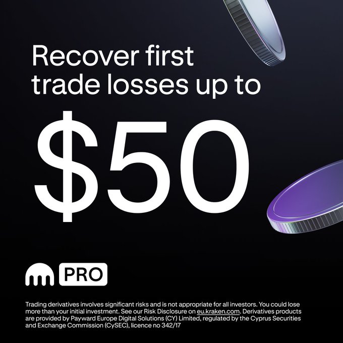 The image is a Kraken Pro advertisement featuring bold white text on a dark background that reads "Recover first trade losses up to $50," accompanied by the Kraken Pro logo and 3D-rendered coins. The visual reinforces the post's offer to refund first-time trading losses, highlighting the $50 reimbursement promotion for new Kraken Pro users in the EEA.