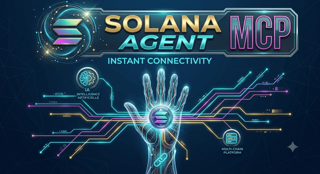A neon-styled graphic for 'SOLANA AGENT MCP - INSTANT CONNECTIVITY' featuring a glowing robotic hand, the Solana logo, and icons for AI intelligence and multi-chain platform.