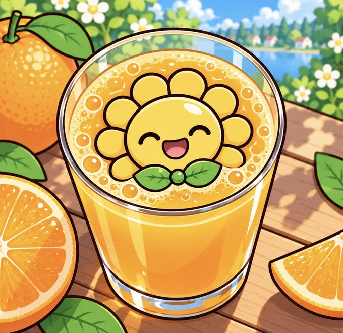 An illustration of a glass of orange juice with a cute, smiling sun-shaped character inside, surrounded by oranges and a green landscape.