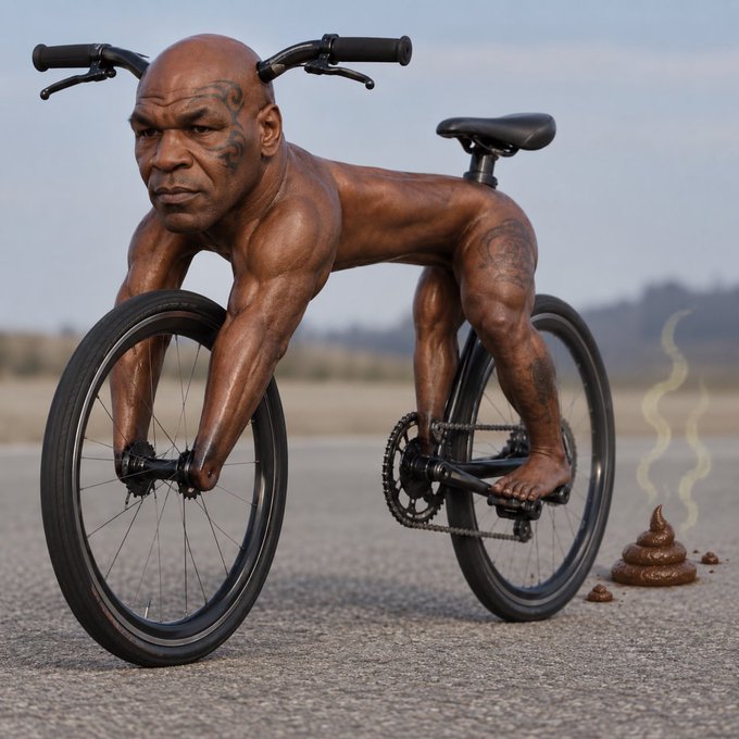 Mike Tyson humorously reimagined as a hybrid bicycle-human, riding in a squatting position with his muscular arms serving as the front wheel forks, while a steaming pile of feces sits ominously behind him, perfectly tying into the post's joke about an unbearable smell tied to the "$biketyson" meme.