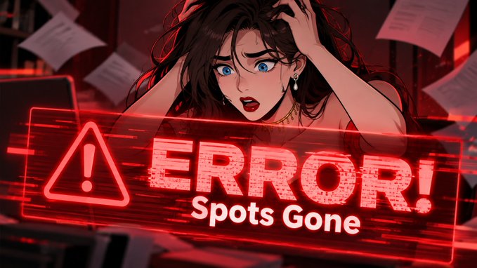 An anime-style woman reacts in alarm behind a glowing red warning panel that reads “ERROR! Spots Gone,” with a triangular exclamation icon on the left.