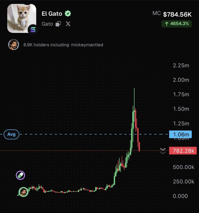 The image shows a price chart for the Solana memecoin **$GATO (El Gato)**, displaying a market cap (MC) of **$784.56K** with a massive **+4654.3%** gain, alongside 6.9K holders including @mickeymantled. The chart illustrates the dramatic spike-and-pullback pattern referenced in the post, with the current price ($782.28k) falling well below the average ($1.06m) after peaking near $1.90m—visually capturing the "pretty major pullback" of the first cat $GATO paired to $PUMP.