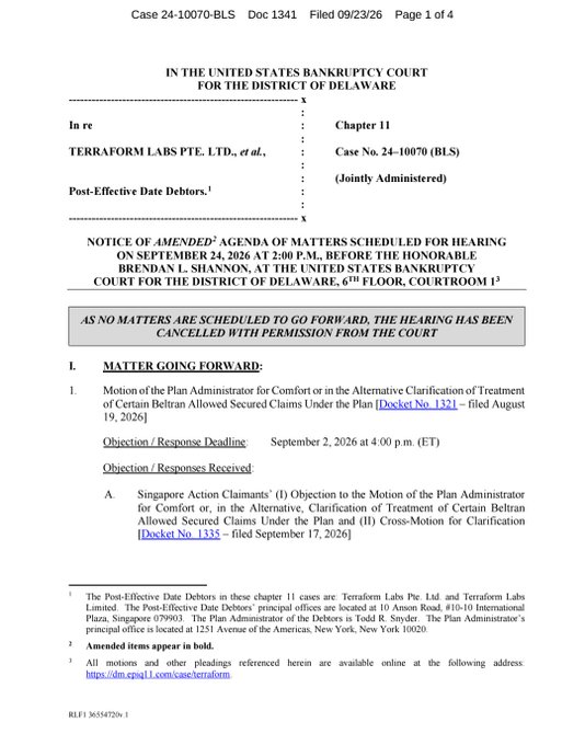 Page 1 of a U.S. Bankruptcy Court document for the District of Delaware (Case 24-10070-BLS) listing Terraform Labs Pte. Ltd. as a Post-Effective Date Debtor, showing an amended agenda of matters for a Chapter 11 hearing before Judge Brendan L. Shannon on September 24, 2026.