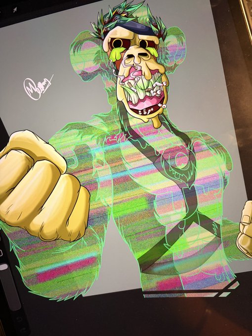 A vibrant digital illustration of a Bored Ape Yacht Club (BAYC) NFT character with a holographic/rainbow striped fur pattern, displayed on a tablet screen with an artist's signature visible. The artwork corresponds to the post celebrating a new BAYC NFT piece, highlighting its striking skin and quality.