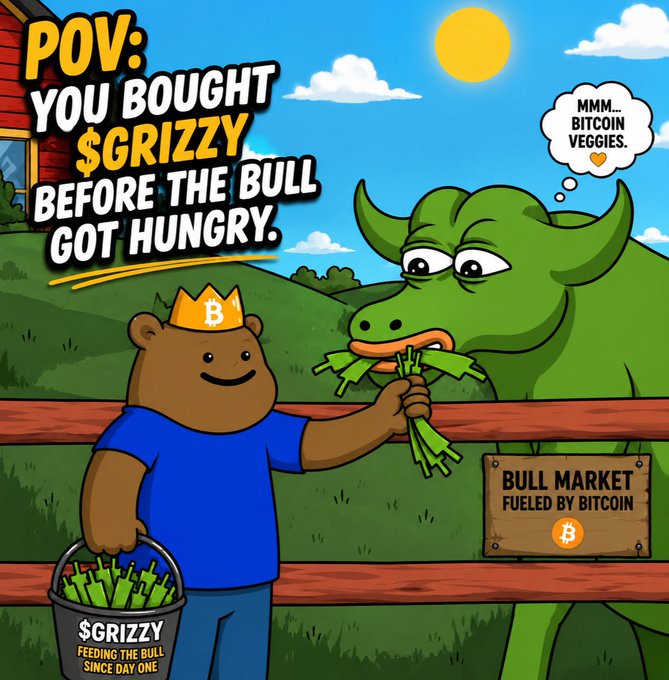 The image features a cartoon illustration of a man holding a bucket filled with vegetables, which includes carrots and broccoli. The man appears to be wearing a blue shirt and has a brown hat on his head. In front of him, there's a green bull that is eating some vegetables from the bucket. A sign in the background reads "Bull Market Fueled by Bitcoin".