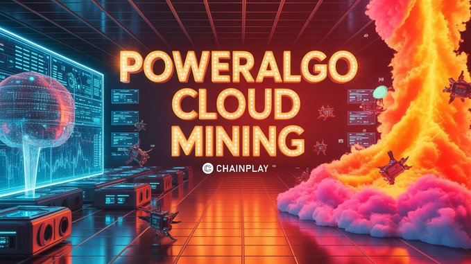 A digital advertisement displays glowing orange text reading 'POWERALGO CLOUD MINING' with 'CHAINPLAY' underneath, set against a futuristic background with servers and a fiery tornado.
