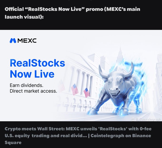 A promotional graphic for MEXC's 'RealStocks Now Live' featuring a glowing chrome charging bull statue and the tagline 'Earn dividends. Direct market access.'