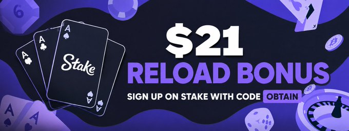 A promotional banner offering a '$21 RELOAD BONUS' for signing up on Stake with the code 'OBTAIN', featuring playing cards and casino elements on a purple background.