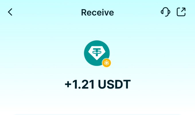 A mobile wallet 'Receive' screen showing an incoming transaction of +1.21 USDT, featuring the Tether logo and a yellow icon.