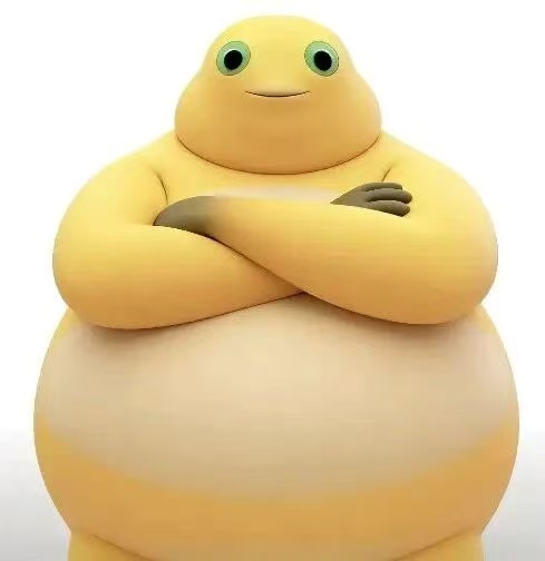 A 3D-rendered yellow cartoon character with a round body, crossed arms, and large green eyes stands against a plain background.