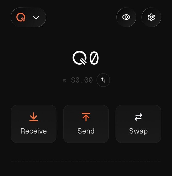 A screenshot of a cryptocurrency wallet interface on a dark background, showing a balance of approximately $0.00 with three large buttons labeled 'Receive', 'Send', and 'Swap'.