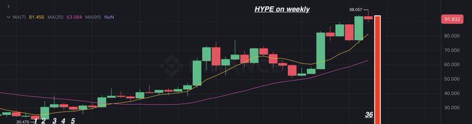 A candlestick chart titled 'HYPE on weekly' shows cryptocurrency price movements ending at 89.610 with moving averages MA(7), MA(25), MA(50), and MA(99).