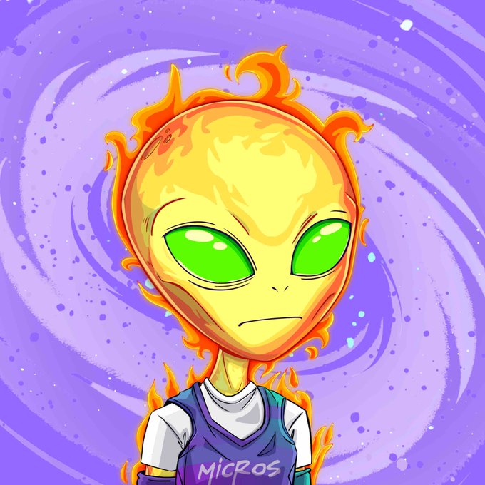 A cartoon mascot character with a flame-like yellow head, green eyes, and a purple basketball jersey that reads 'MiCROs' against a purple swirled background.