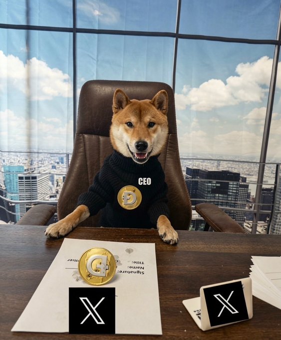 𝕏 CEO, a character from the video game Fortnite, has been given a dog as his pet. He sits at a desk with two coins - one gold coin and one silver coin - placed next to him. The coins are labeled "X" and "DOGE", indicating that they are related to the game Fortnite. The post suggests that integrating the dog into the game would be beneficial for the character, as it could provide companionship or even help with in-game tasks.