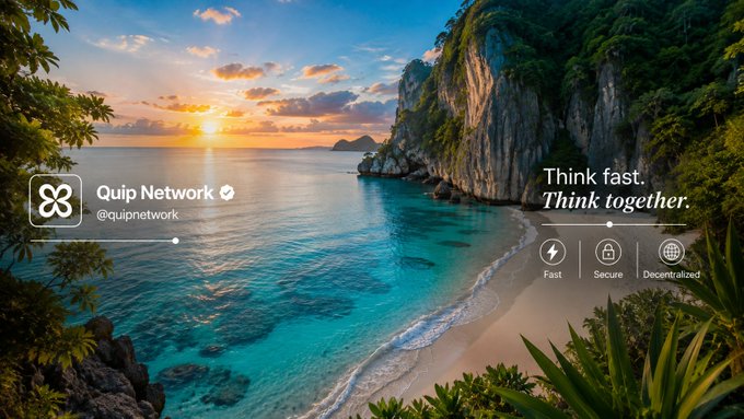 A scenic beach landscape at sunset overlaid with promotional information for "Quip Network @quipnetwork", displaying the tagline "Think fast. Think together." along with "Fast", "Secure", and "Decentralized" icons.