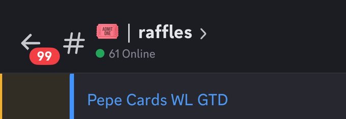 The image contains a screenshot of a website tab, specifically on a web browser. The main focus of this screenshot is the text "Raffles", which appears at the top left corner of the screen. There are two other elements present, both located in the bottom right portion of the image. One of them includes text that reads "@PEPE_CARDS WL GTD is live for @PEPE_CARDS each pack gets 5 cards Jesters x Pepe Cards". The overall layout of the screenshot seems to be organized, with the relevant elements placed within their designated sections, and the background color being a soft beige.