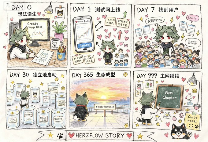 A six-panel illustration titled 'HERZFLOW STORY' depicts the journey of an anime-style character from 'DAY 0' to 'DAY 999', showing milestones like 'Create Perp DEX', '测试网上线', '独立池启动', '生态成型', and '主网继续'.