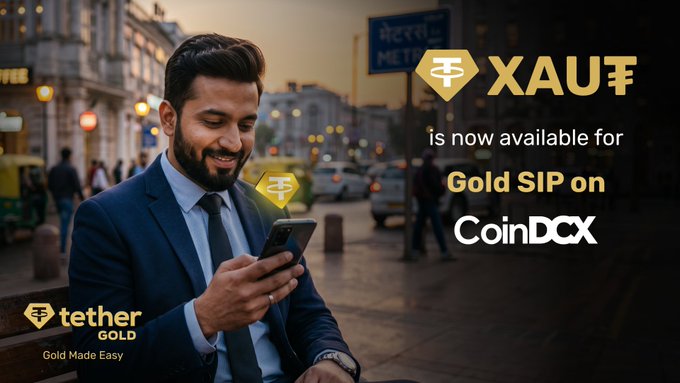 An ad for Tether Gold showing a smiling man in a suit using his phone, announcing that XAUT is now available for Gold SIP on CoinDCX.