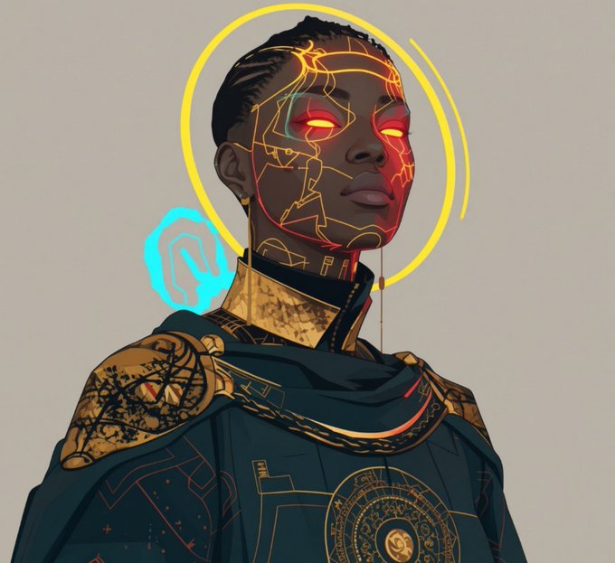 A digital portrait of a person with glowing orange cracks across their face and eyes, wearing ornate golden and dark blue armor, surrounded by a yellow halo and blue glow.