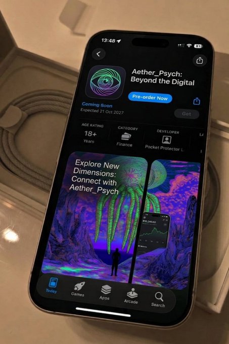 A smartphone screen displaying the App Store page for an app called 'Aether_Psych: Beyond the Digital', available for pre-order with an expected release date of 21 Oct 2027.