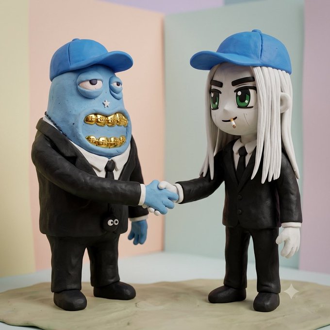 Two clay figurines in black suits and blue caps—one blue-faced with gold grills and the other a pale figure with long white hair and a cigarette—shake hands as part of a "toons" NFT collaboration, visually representing the handshake/deal between project figures referenced in the bullish AMAs post.