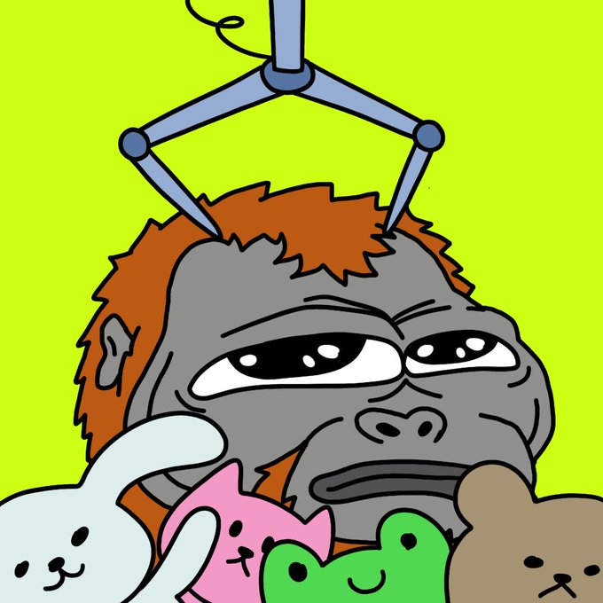 A cartoonish gray ape-like creature with orange hair, suspended by a mechanical claw above colorful plush animals, reinforces the "HoodTangs season" drop by visually playing on a claw-machine grab-and-reveal aesthetic. The image captures the playful, hand-drawn NFT art style teased in the post, suggesting rare, ready-to-go collectibles awaiting their "sold out" reveal.