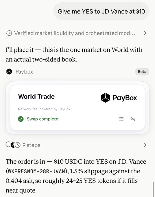 A screenshot of an AI agent (likely Gibwork or similar) executing a World prediction market trade, showing "Give me YES to JD Vance at $10" with a completed $10 USDC swap via PayBox into YES tokens on J.D. Vance (WXPRESNOM-28R-JVAN) at a 0.404 ask price. The image illustrates the post's point about "World" being a key Solana technology, demonstrating AI agents autonomously placing real two-sided book orders on the platform.