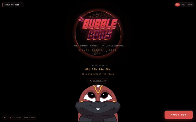 A dark promotional graphic for the meme token "Bubble Buns" on Avalanche, featuring the tagline "The Buns Come to Avalanche," a sale countdown (8d 19h 14m 26s), and a cartoonish red ninja bunny mascot, with an "APPLY BOB" button at the bottom right that aligns with the user's post about applying for @BubbleBunsHQ.