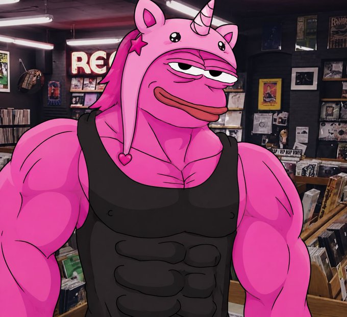 A muscular pink cartoon character wearing a unicorn onesie hat and a black tank top, standing in what appears to be a record store.