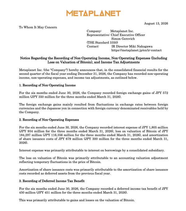 A formal announcement from Metaplanet Inc. (dated August 13, 2026) detailing Q2 fiscal year 2026 financial results, including foreign exchange gains of ¥572 million, non-operating expenses of ¥1,805 million (including a ¥184,297 million Bitcoin valuation loss), and a ¥450 million deferred income tax benefit, corresponding to the accompanying post title.