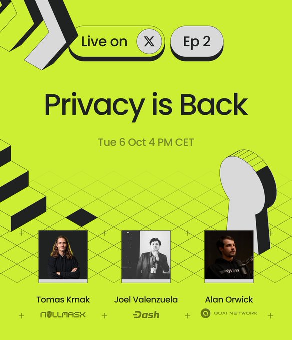 A live X Space event flyer for "Privacy is Back" Episode 2, airing Tuesday, October 6th at 4 PM CET, featuring speakers Tomas Krnak (Nullmask), Joel Valenzuela (Dash), and Alan Orwick (Quai Network). The bright green promotional graphic aligns with the post's announcement of the second episode and teases the upcoming discussion on the X platform.