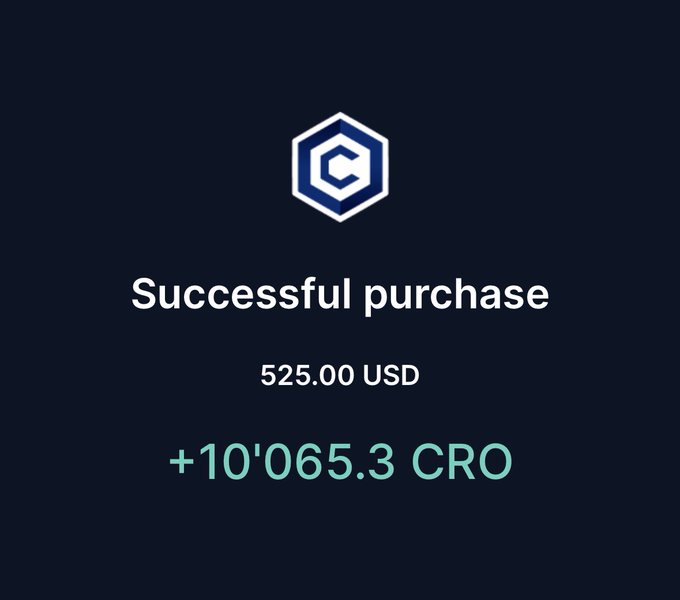 A dark screen showing a successful cryptocurrency purchase confirmation for 525.00 USD, adding +10'065.3 CRO tokens.