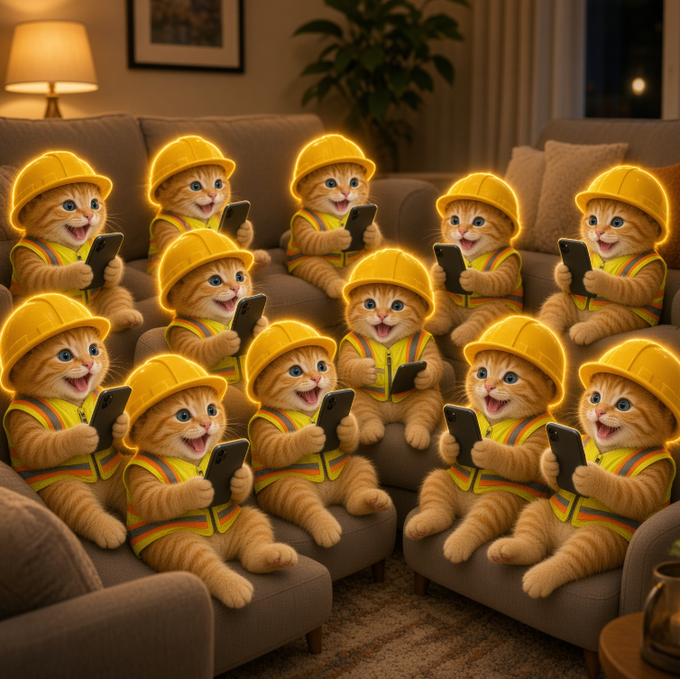 A group of cheerful kittens wearing yellow hard hats and safety vests huddle together on couches, all eagerly looking at their phones—visually representing construction workers staying connected online, tying in with the post's message to join the X group chat where "Hardhat stays on."
