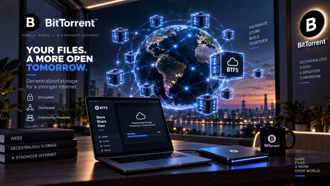 A promotional image for BitTorrent's BTFS (decentralized storage) featuring a laptop displaying 'Store, Share, Own' interface with a global network visualization in the background.