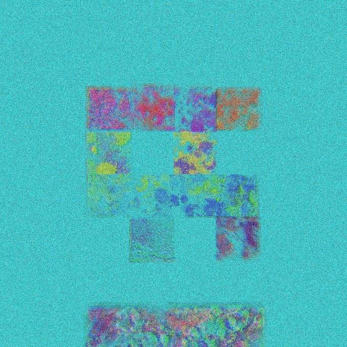 An abstract digital artwork on a turquoise background, displaying blocky, textured shapes in purple, green, and orange hues.