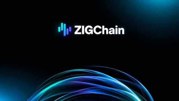 The image displays the "ZIGChain" logo with its distinctive blue waveform icon against a dark background with flowing blue light streaks, visually reinforcing the branding for the RWA-focused blockchain project highlighted in the bullish commentary about $ZIG crossing $50M+ TVL.