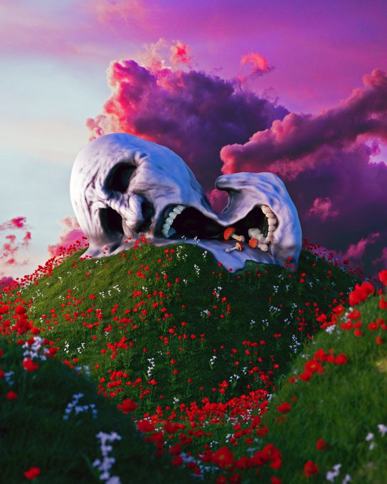 A surreal artwork showing two giant, screaming white skulls with exposed teeth resting on a grassy hill dotted with red flowers, set against a dramatic purple and pink cloudy sky.