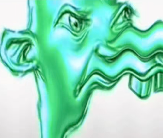 A warped, distorted green and teal image of a man's face, stretched and melted into unsettling wavy lines. The poster uses this grotesque, liquefied face as a visual jab to mock someone they claim looks uncanny or unsettling, matching the post's teasing tone about the subject's appearance.