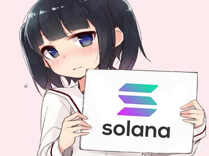 An anime-style girl with dark hair holds a sign displaying the colorful Solana logo and the word "solana," visually reinforcing the post's friendly introduction to the Solana blockchain project.