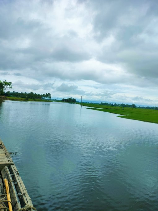 A serene river or canal landscape under a cloudy sky, with green fields and palm trees lining the banks and a wooden boat or dock visible in the foreground.