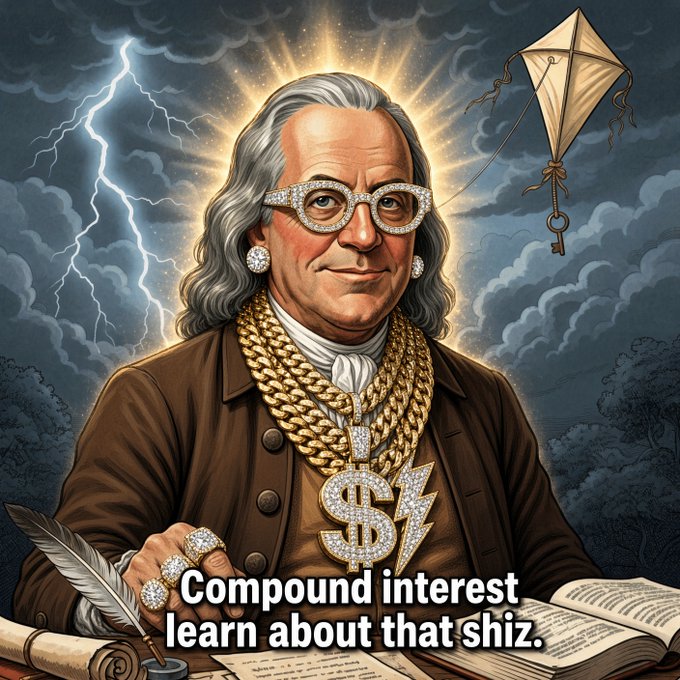 A stylized illustration of Benjamin Franklin wearing diamond-encrusted glasses, gold chains, and a diamond dollar sign pendant, with text reading 'Compound interest learn about that shir.'