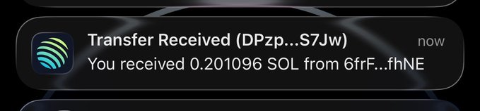 A mobile notification showing 'Transfer Received (DPzp...S7Jw)' indicating a transfer of 0.201096 SOL from wallet 6frF...fhNE.