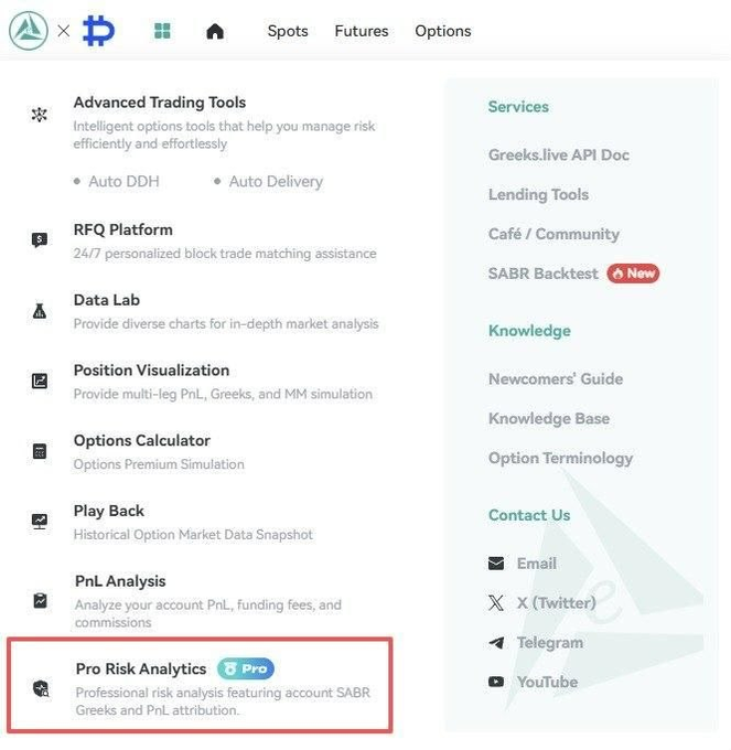 The image shows a dropdown menu on the Greeks.live options trading platform, with "Pro Risk Analytics" (marked as a Pro feature) highlighted in a red box at the bottom, which offers professional risk analysis with SABR Greeks and PnL attribution. The screenshot visually supports the post's recommendation to use GreeksLive's Pro Risk Analysis tool for analyzing multi-leg strategies, including skew and curvature exposure as well as detailed profit/loss breakdowns, when market conditions are uncertain.