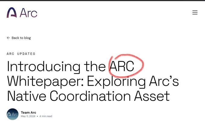 Arc blog post titled 'Introducing the ARC Whitepaper: Exploring Arc's Native Coordination Asset' with the word 'ARC' circled in red, dated May 11, 2026.