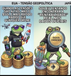 A political cartoon titled 'EUA - TENSÃO GEOPOLÍTICA' and 'JAPÃO' depicts two frogs representing the USA and Japan, with text about US tensions and Japan's attempt to find 'real data' on Chinese threats.