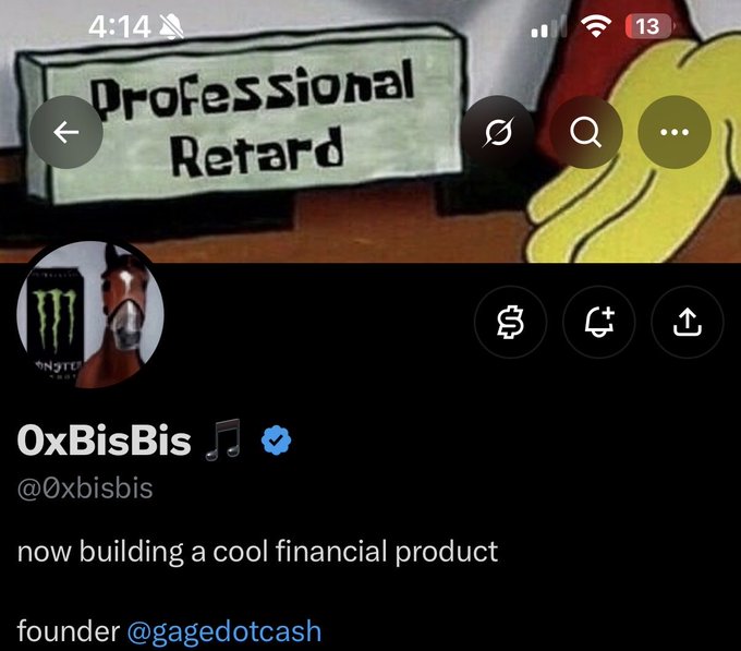Screenshot of an X/Twitter profile for '0xBisBis (@0xbisbis)' with bio 'now building a cool financial product' and founder tag '@gagedotcash', banner showing 'Professional Retard'.
