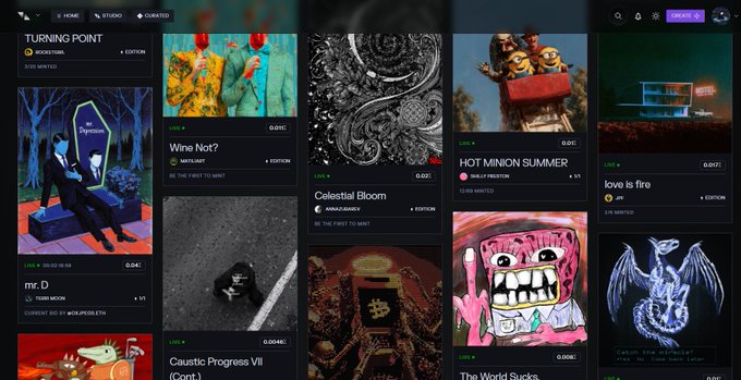 A curatorial NFT marketplace interface displaying various digital artworks like 'Turning Point', 'Wine Not?', 'Celestial Bloom', 'HOT MINION SUMMER', and 'Caustic Progress VII'.