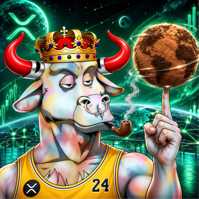 A stylized digital illustration depicts a muscular white bull wearing a crown and smoking a pipe, holding a brown planet on its finger against a cosmic green background, wearing a yellow jersey with '24' and an XRP logo.
